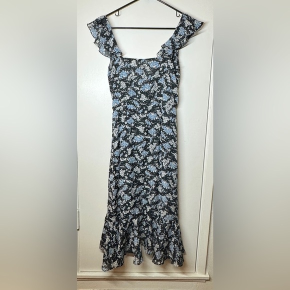 Veronica Beard Amal 100% Silk Black Blue White Floral Faux Wrap Midi Dress 0 - Picture 11 of 16